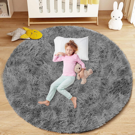 4FT Round Rug for Bedroom: Fluffy Shag Soft Washable Rugs Circle Small Fuzzy Plush Indoor Carpet for Living Room Nursery Playroom Dorm Kids Girls Boys Room (Dark Grey, 4'x4')