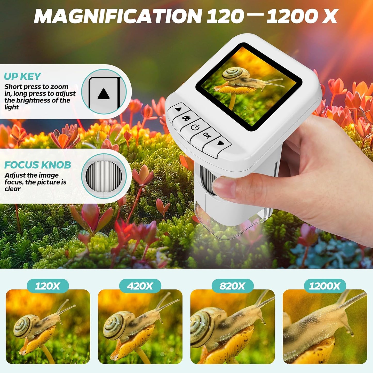 Rechargeable Digital Microscope for Kids 1200X - 2'' LCD Screen STEM Toy with 32G SD Card for Photo/Video, Portable Pocket Microscope for Boys Girls Ages 6,7,8-12, Science Kit Gift Birthday Christmas