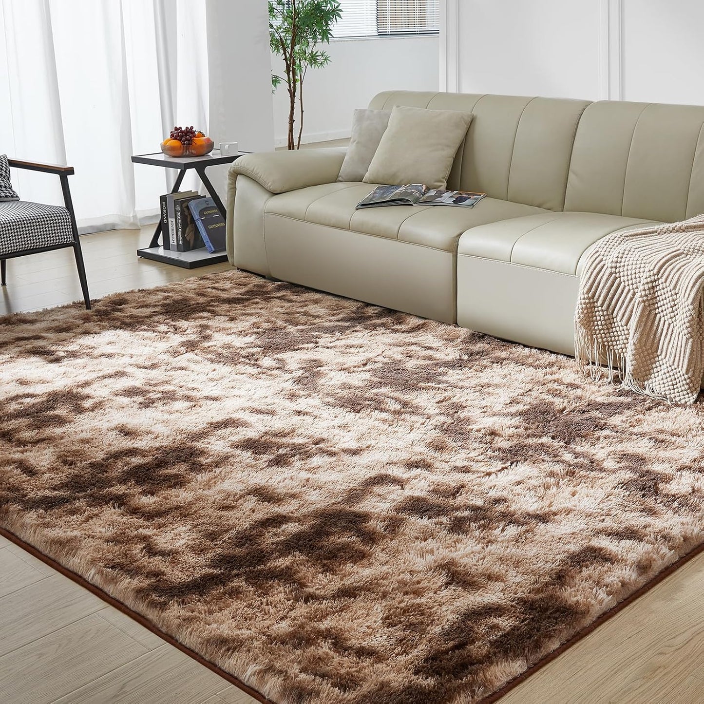 Ultra Soft Rug for Living Room, 5X8 Fluffy Shag Area Rug for Bedroom, Modern Shaggy Carpet Fuzzy Rug for Teens Dorm Nursery Home Decor Aesthetic, Upgrade Anti-Skid Durable, Tie-Dyed Coffee