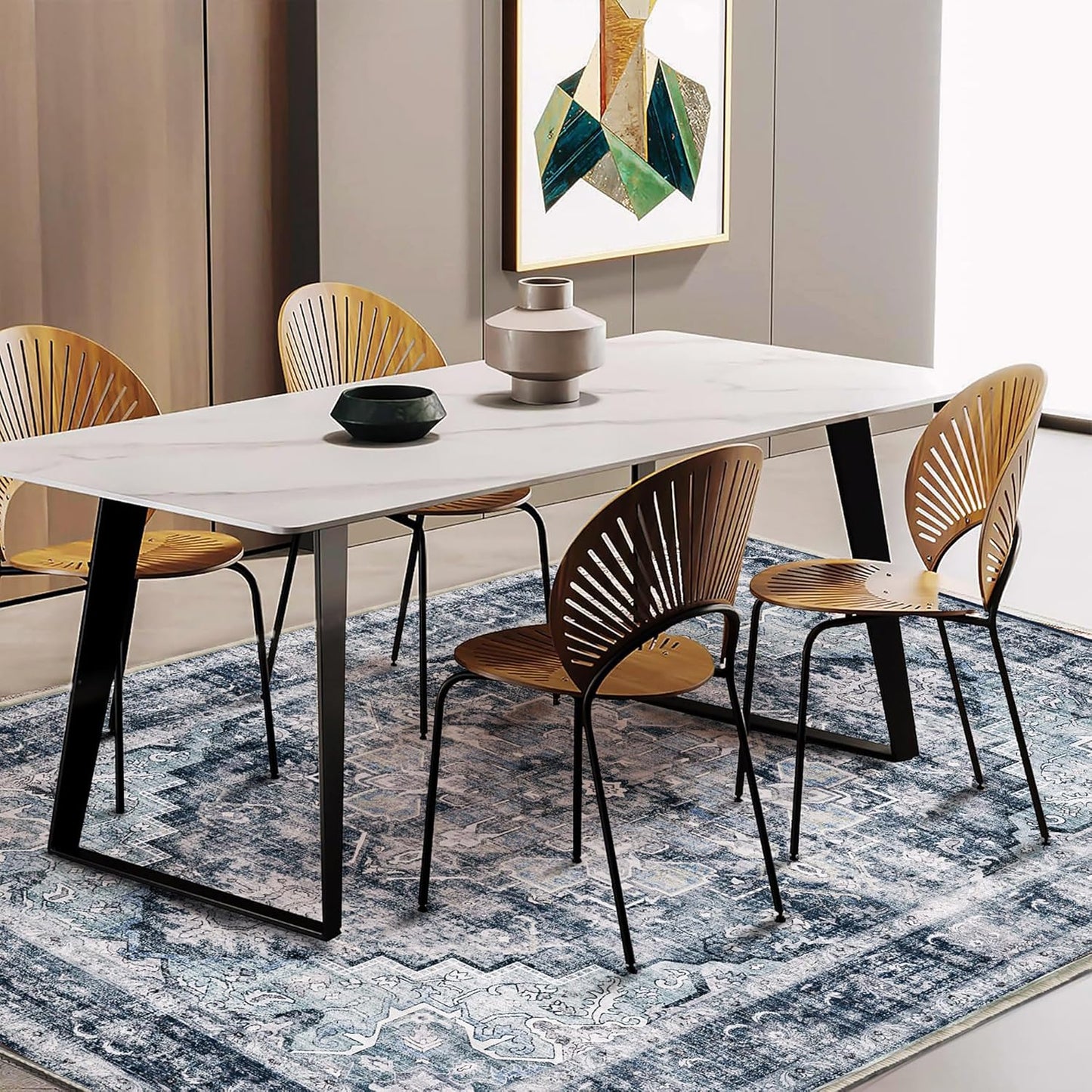 Area Rug 5'x7' Dark Blue Washable Vintage Traditional Floor Cover Thin Retro Kitchen Indoor Distressed Non Slip Carpet for Living Room Bedroom Dining Room