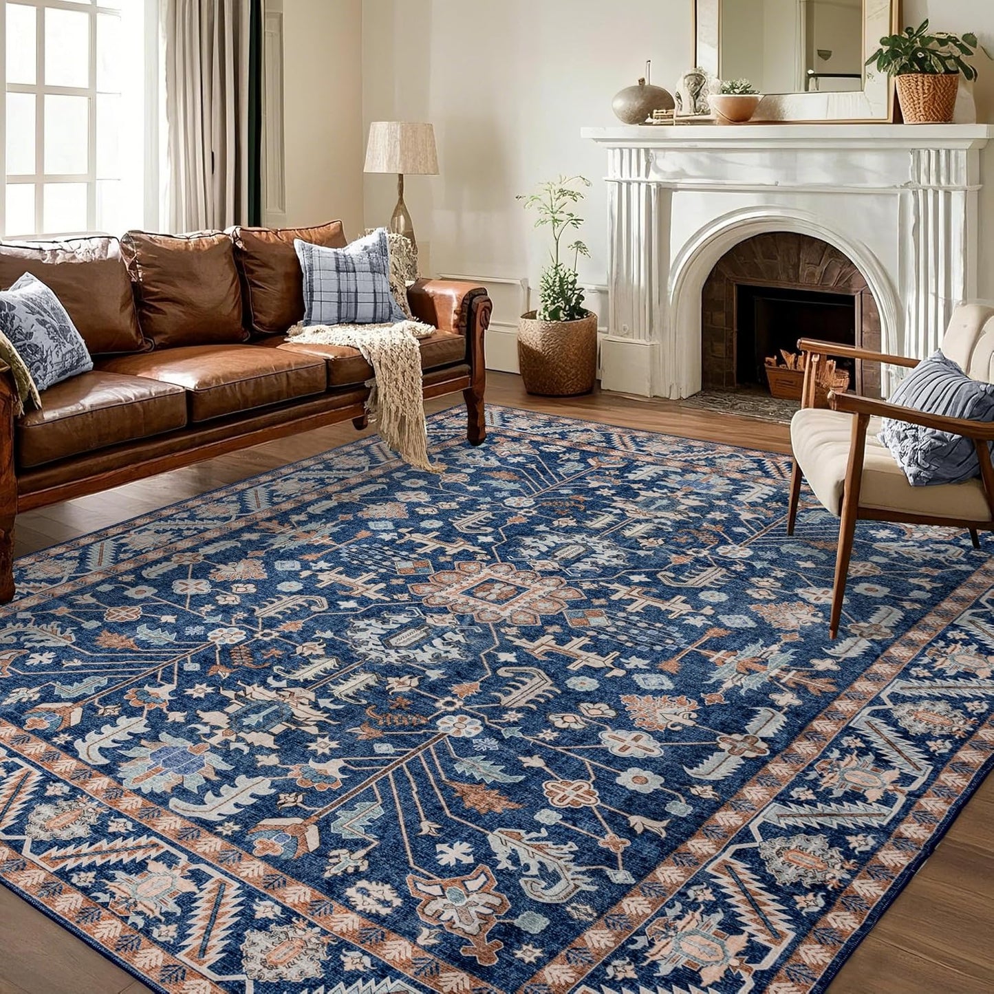 8x10 Area Rugs Washable: Oriental Soft Area Rug for Living Room Bedroom No Shedding - Low Pile Thin Carpet Rug for Dining Room Non Slip - Boho Vintage Rug for Home Decor - Navy Blue