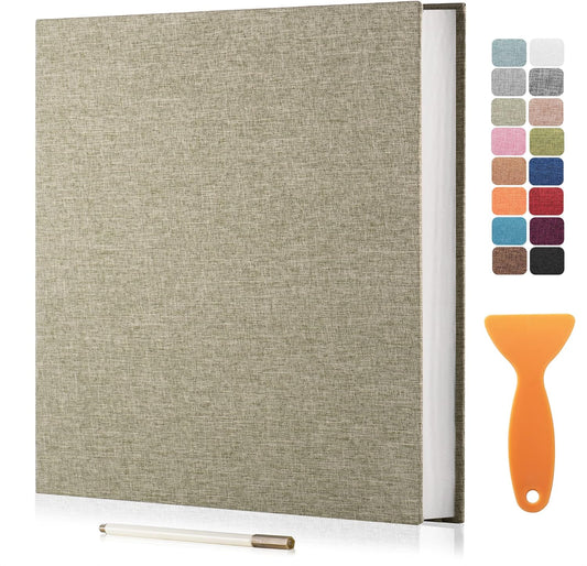 Large Photo Album Self Adhesive Scrapbook Album for 4×6 8×10 Pictures DIY Magnetic Linen Cover Album 40 Pages for Family Wedding Gifts with Metal Pen and Plastic Board