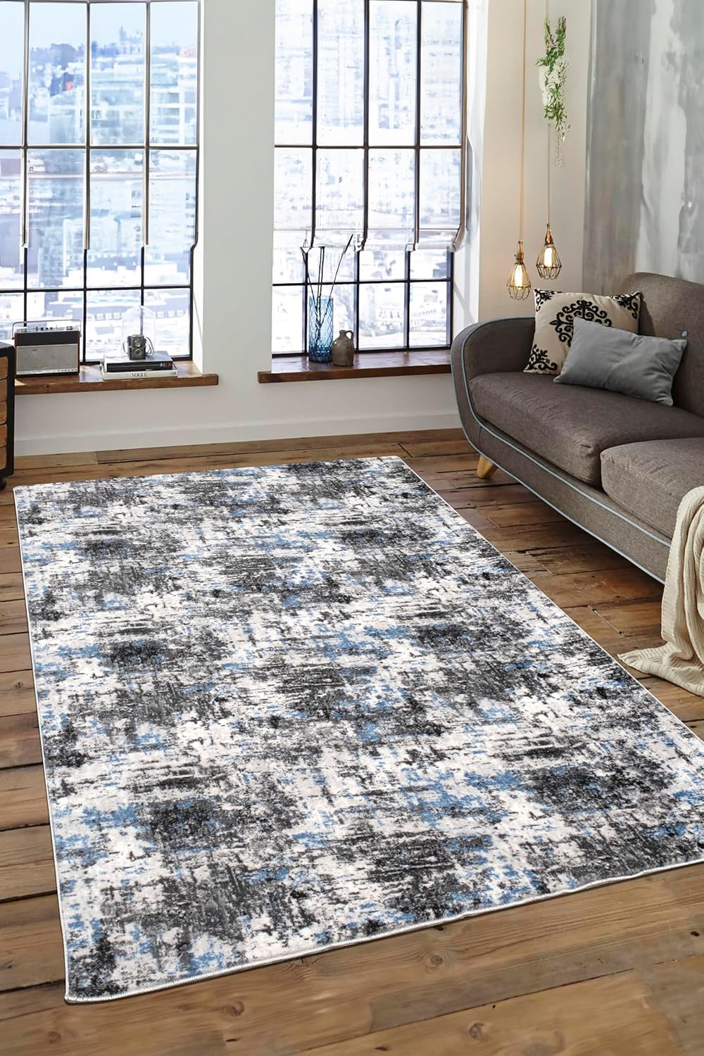 Non-Slip Washable 5x7 Area Rugs for Living Room Bedroom, Ultra Soft Bedside Rug, Indoor Floor Carpet for Kids Girls and Boys, Dorms, Nursery Rooms, Non-Skid Area Rug, 5' x 7', Abstract Blue - Grey