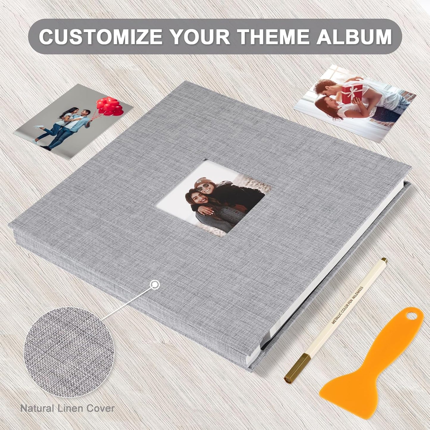 Photo Album Self Adhesive Pages Scrapbook Magnetic Photo Albums for 4x6 5x7 8x10 Pictures Sticky Pages Books for Baby Family Wedding 13.2x12.8 Grey 60 Pages
