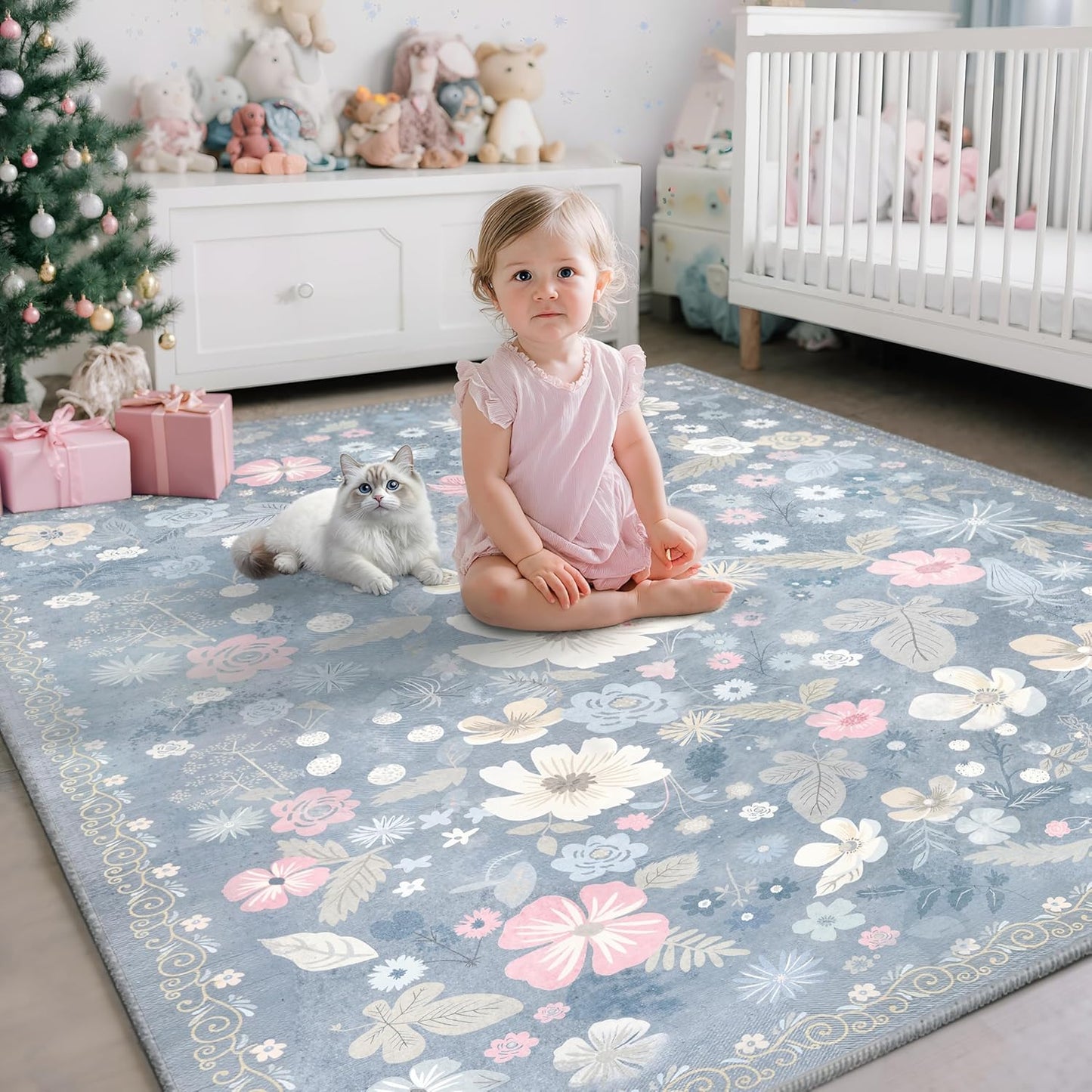 Blue 5x8 Area Rugs for Living Room Washable Soft Faux Fur Elegant Vintage Rugs Boho Floral Non Slip Stain Resistant Sound Absorbing Low Pile Carpet Rug for Bedroom Dining Room Nursery