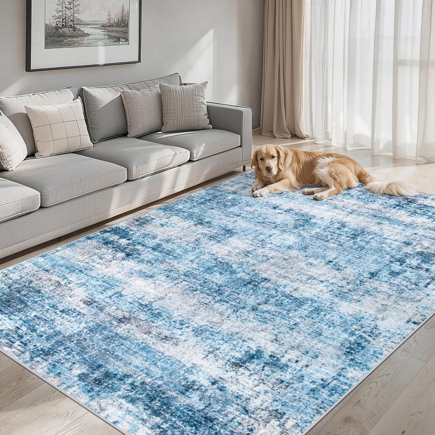 Area Rugs Living Room Rug - 5x7 Washable Modern Abstract Soft Neutral Non-Slip Carpet Large Indoor Floor Thin Carpets for Bedroom Dining Room Farmhouse Nursery Home Office Blue Grey