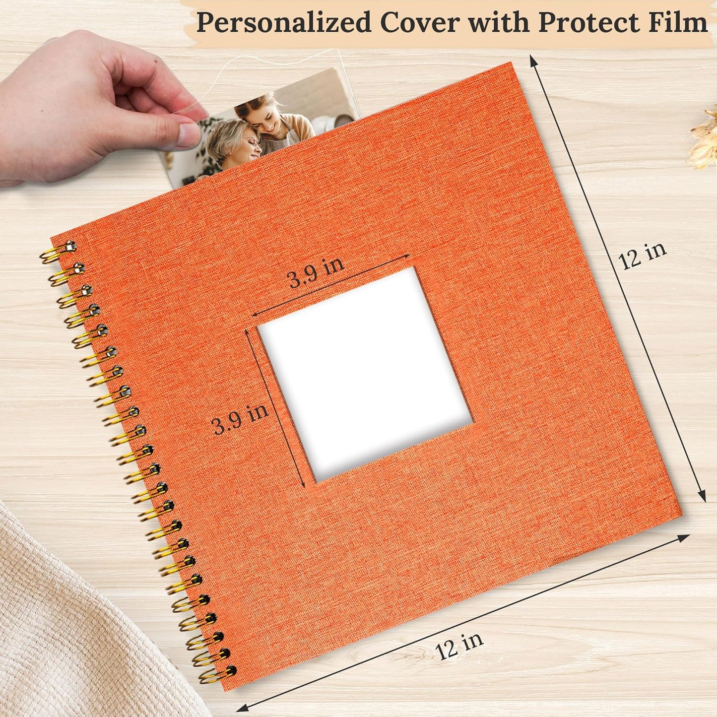 Scrapbook Photo Album Linen Cover, 12 x 12 Inch Hardcover Kraft White Pages Memory Book, for Travel Wedding Guest Book Christmas Baby Shower (40 Sheets/ 80 Pages,Orange)