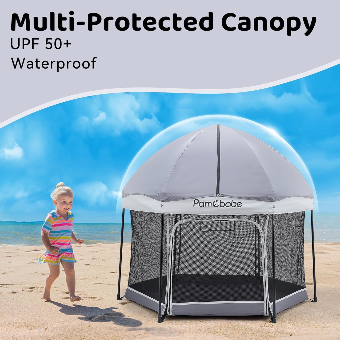 Pamo Babe Baby Playpen with Sun Protection Canopy - Indoor & Outdoor Play Yard for Babies and Toddlers - Baby Tent with Zipper Door