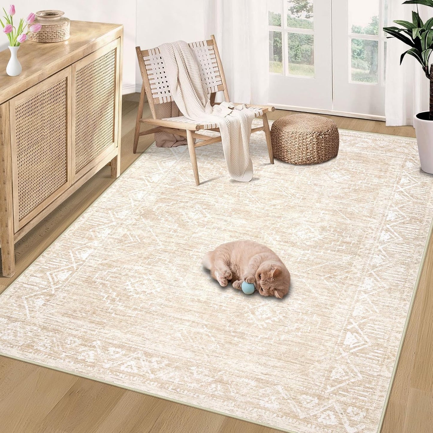 Vintage Moroccan Trellis Area Rug - 4x6 Machine Washable Boho Geometric Farmhouse Rugs Neutral Stain Resistant Non Slip Indoor Carpet for Bedroom Dining Room Nursery Home Office (4 x 6, Beige)