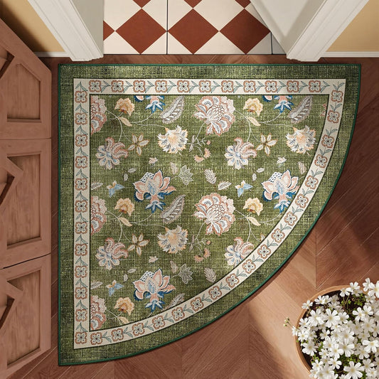 jinchan Floral Corner Rug for Entryway Washable Kitchen Rug Vintage Romance Design Non Slip Quarter Circle Lightweight Low-Pile Throw Carpet for Playroom Reading Nook Nursery, 4ft Radius, Green