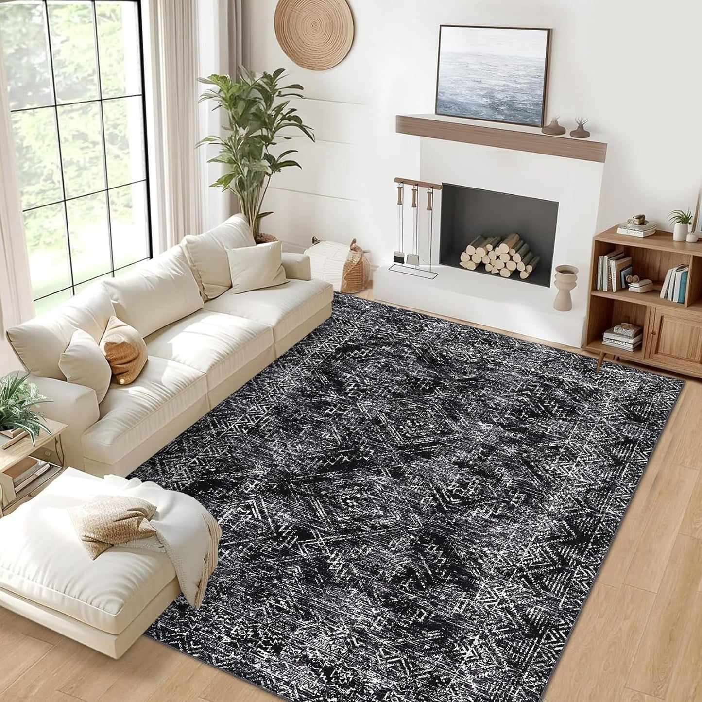 COZYLOOM Black Rug for Living Room 9x12 Machine Washable Area Rugs Modern Abstract Door Mats Non Slip Stain Resistant Geometric Accent Carpet for Bedroom, Dining Room, Nursery