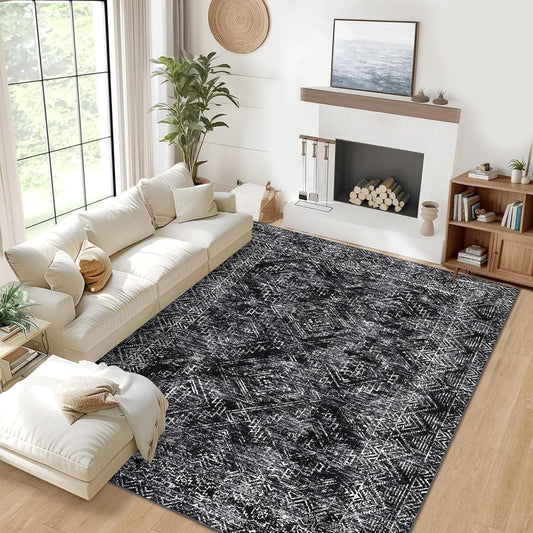 COZYLOOM Black Rug for Living Room 9x12 Machine Washable Area Rugs Modern Abstract Door Mats Non Slip Stain Resistant Geometric Accent Carpet for Bedroom, Dining Room, Nursery