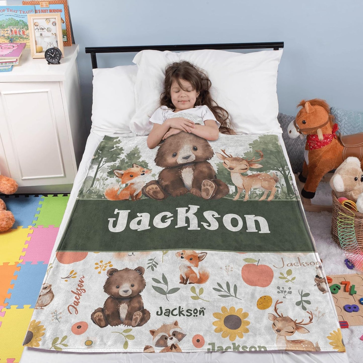 Woodland Animals Personalized Boy Baby Blanket, Custom Baby Throw Blanket with Name for Newborn Son Daughter Grandson Granddaughter Toddler Birthday Bed Blanket