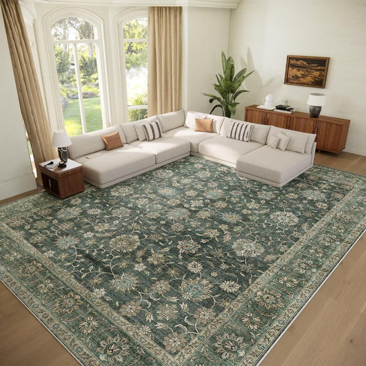 Washable 9x12 Area Rugs for Living Room, Boho Non-Slip Silicone Backing Rugs for Bedroom Dining Room Nursery Office, 0.3" Neutral Oriental Throw Carpet with 0.16" Cushioning Pad, Sage Green/Multi