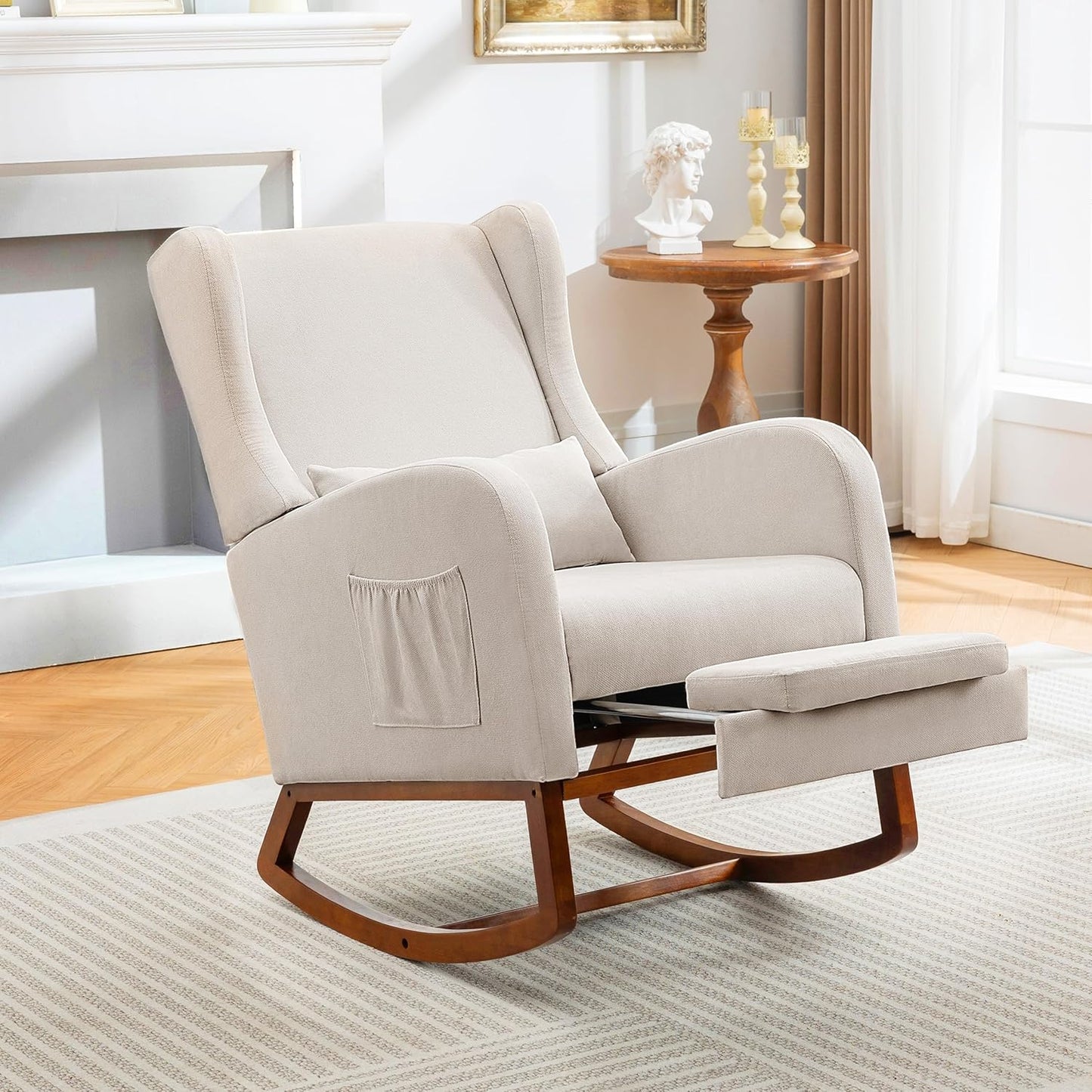 Rocking Chair Nursery Glider Chair with Foot Rest, Nursery Rocking Chairs with Rubber Wood Legs Side Pocket, High Back Nursing Chair, Accent Rocker Arm Chair Baby Bedroom, Living Room, Beige