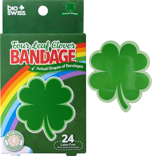 BioSwiss Bandages, 4 Leaf Clover Shaped Self Adhesive Bandage, Latex Free Wound Care, Fun First Aid Kit Supplies for Kids and Adults, 24 Count