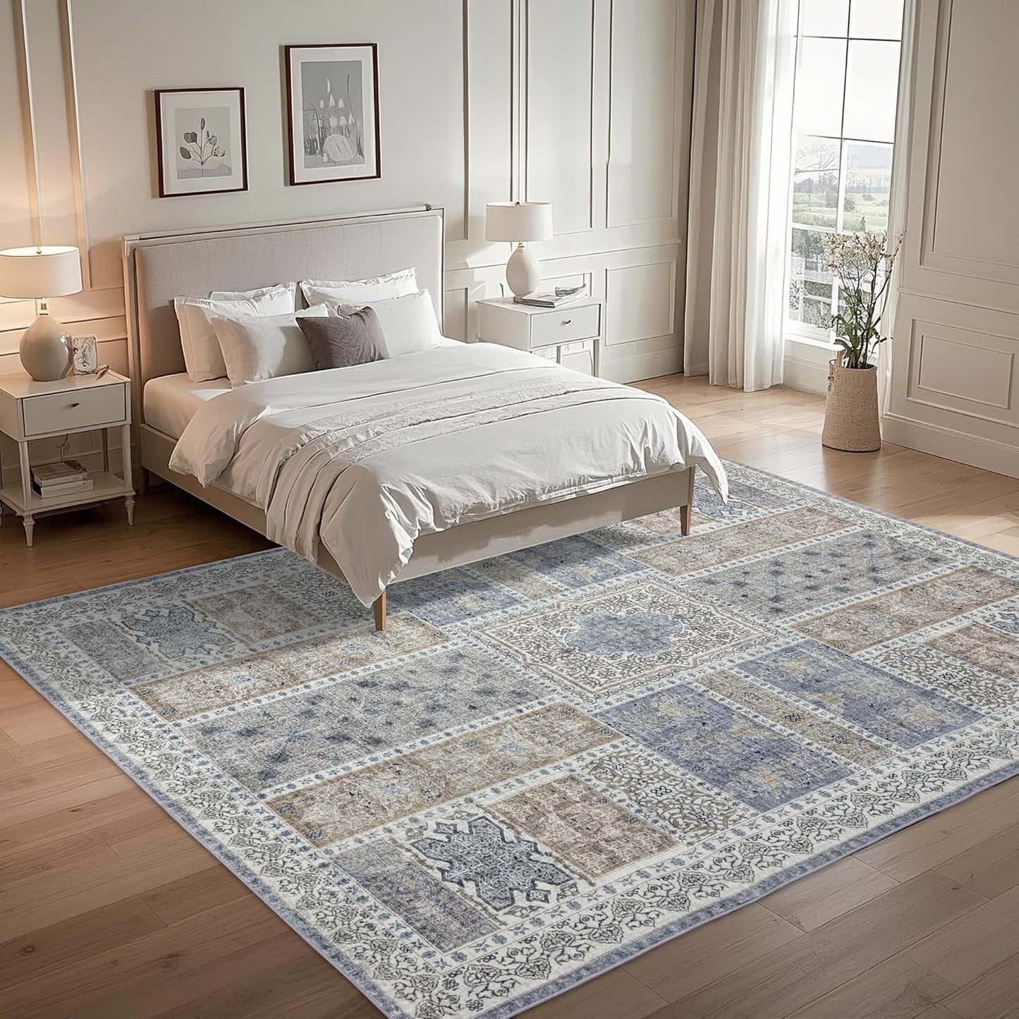 9x12 Area Rug Washable: Oriental Soft Area Rug for Living Room Bedroom No Shedding - Low Pile Thin Carpet Rug for Dining Room Non Slip - Boho Vintage Rug for Home Decor - Blue Grey