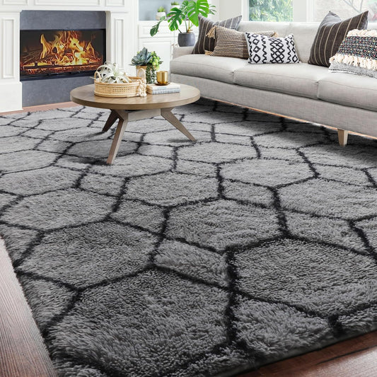 ONASAR 7x9 Area Rugs for Living Room Bedroom, Washable Large Fluffy Grey and Black Throw Rug, Geometric Soft Plush Shaggy Floor Carpet for Nursery Kids Girls Boys Teen Dorm Home Decor Aesthetic