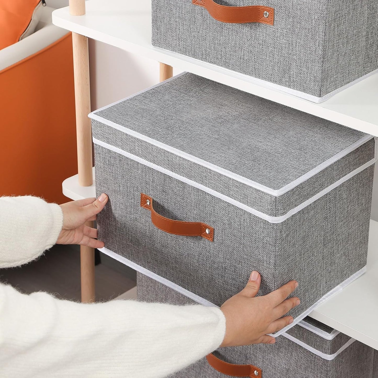 Collapsible Storage Bins with Lids, 3 Pack Linen Foldable Cloth Baskets, 15 x 9.8 x 9.8 Inch Closet Organizer Containers with Double Handles, Sweater Boxes for Bedroom, Grey