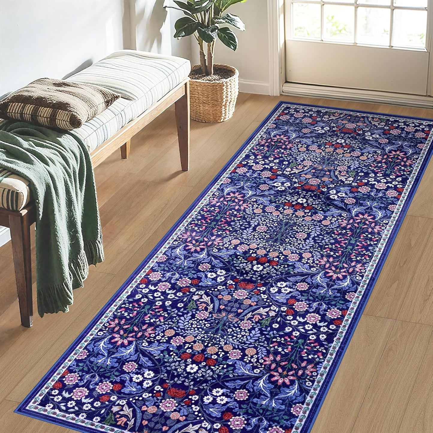 Runner Rug for Entryway: 2x10 Kitchen Rugs Non Slip Washable Ultra-Thin Soft Floral Carpet Indoor Floor Stain Resistant Carpets for Hallway Bedroom Kitchen Laundry Bathroom Dorm Blue