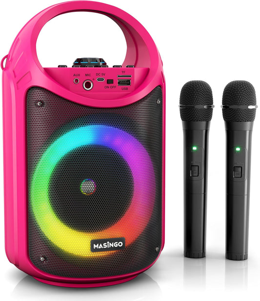 MASINGO Karaoke Machine for Kids and Adults with 2 Wireless Bluetooth Microphones, PA Portable Speaker with Colorful LED Lights, Supports TF Card/USB, AUX/MIC in, TWS for Home Party, Burletta C10 V2