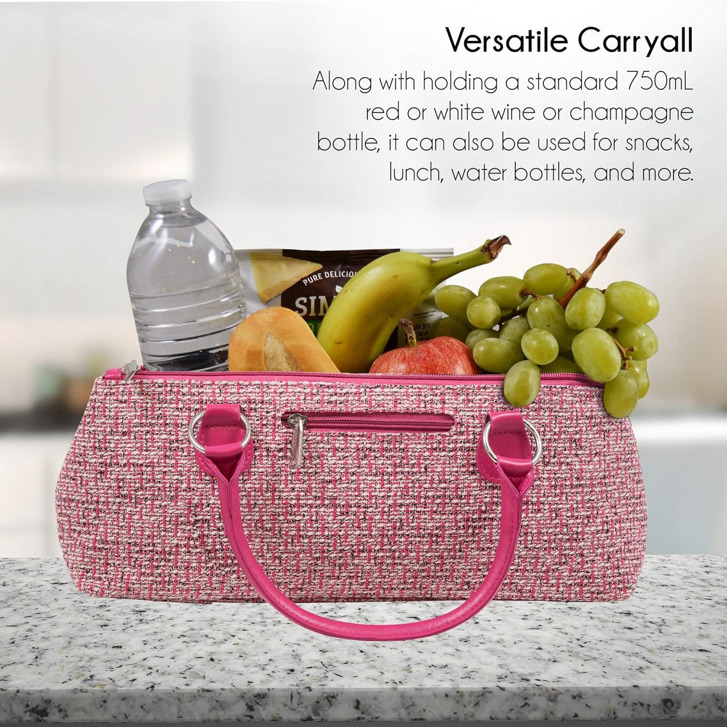 Wine Clutch Bag (Thermal Insulated) Trendy Women’s Carry Tote | Holds Red & White 750mL Bottles | Trendy Fashion | Incl. Portable Waiter-Style Corkscrew (Pink Tweed)