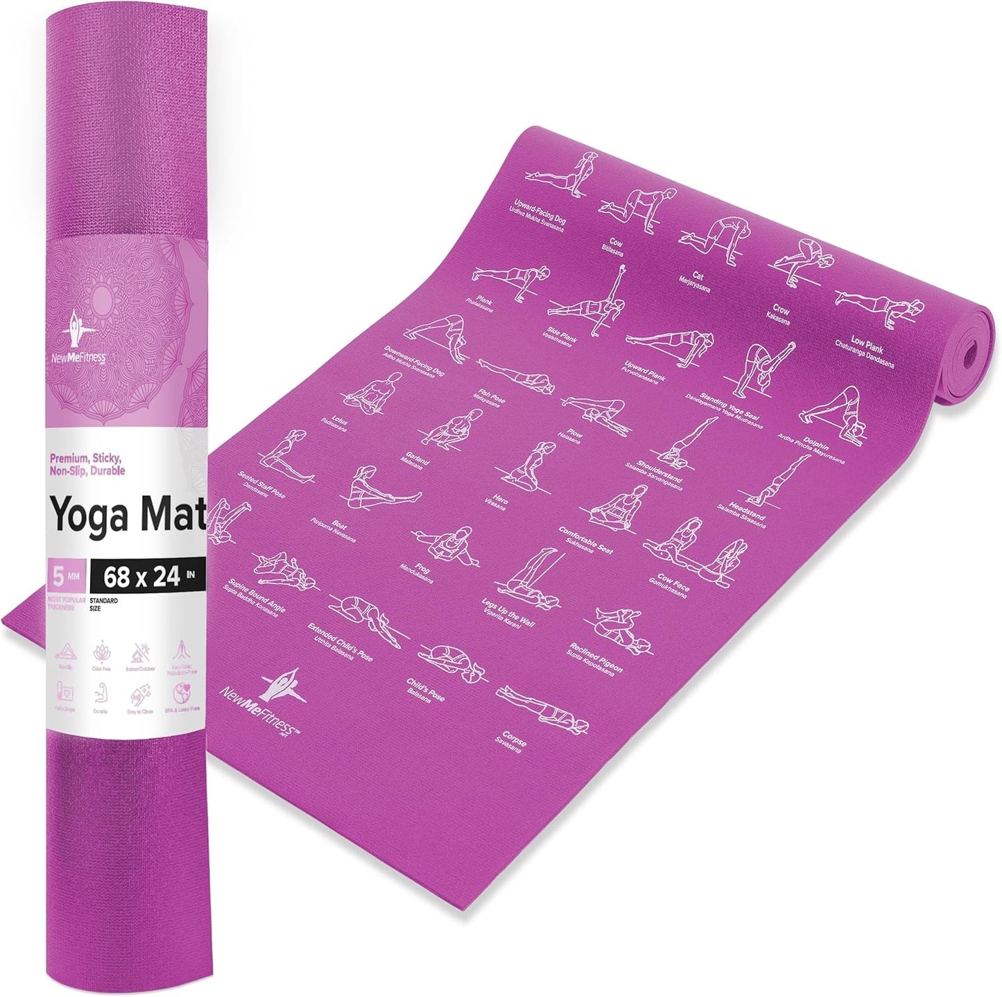 NewMe Fitness Yoga Mat for Women and Men - Large, 5mm Thick, 68 Inch Long, Non Slip Exercise Mats w/ 70 Printed Yoga Poses for Pilates, Workout and Stretching - Home and Gym Essentials