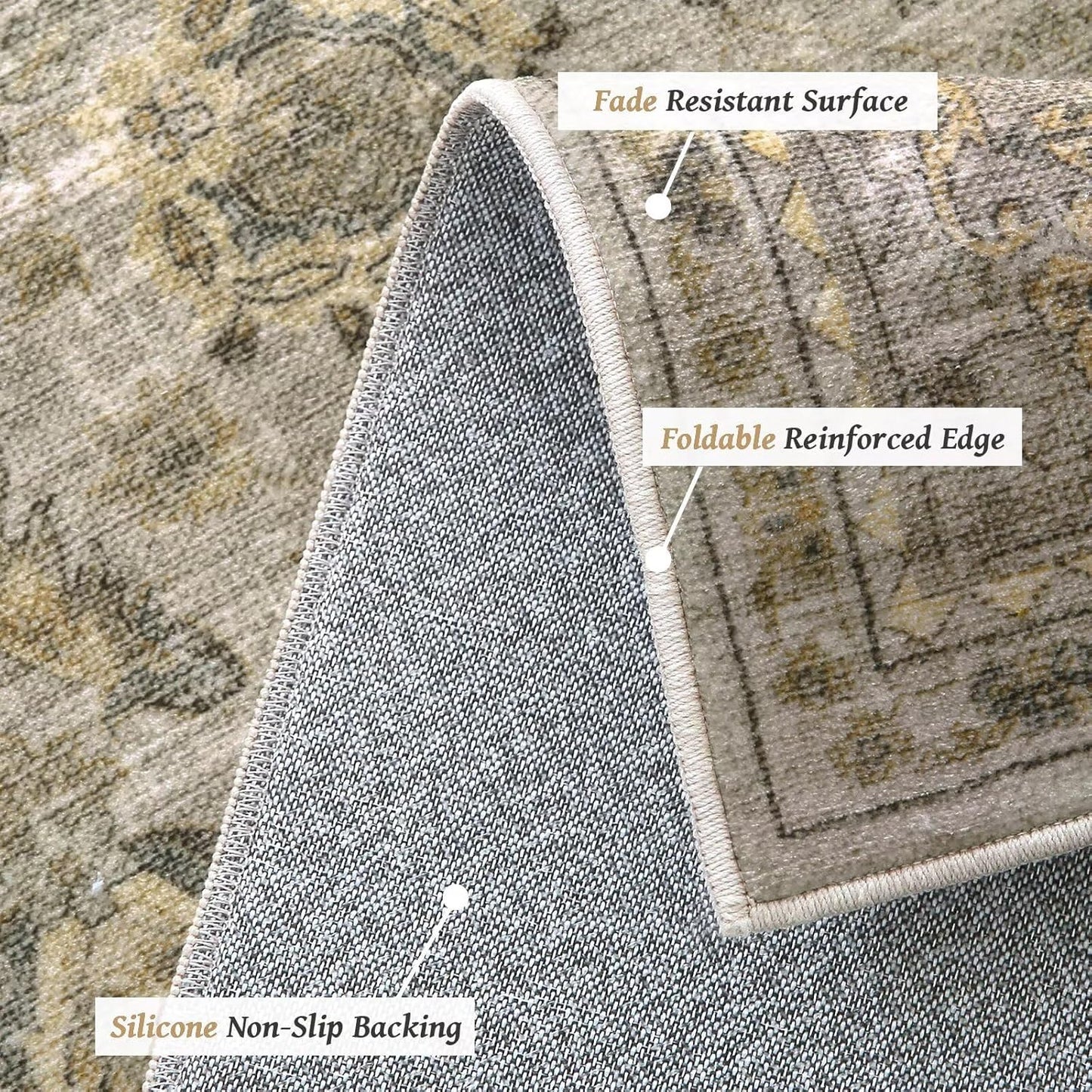 Washable 4x6 Rugs for Living Room, Boho Non-Slip Silicone Backing Small Rugs for Bedroom Nursery Office, 0.3" Neutral Oriental Throw Carpet with 0.16" Cushioning Pad, Light Brown/Multi