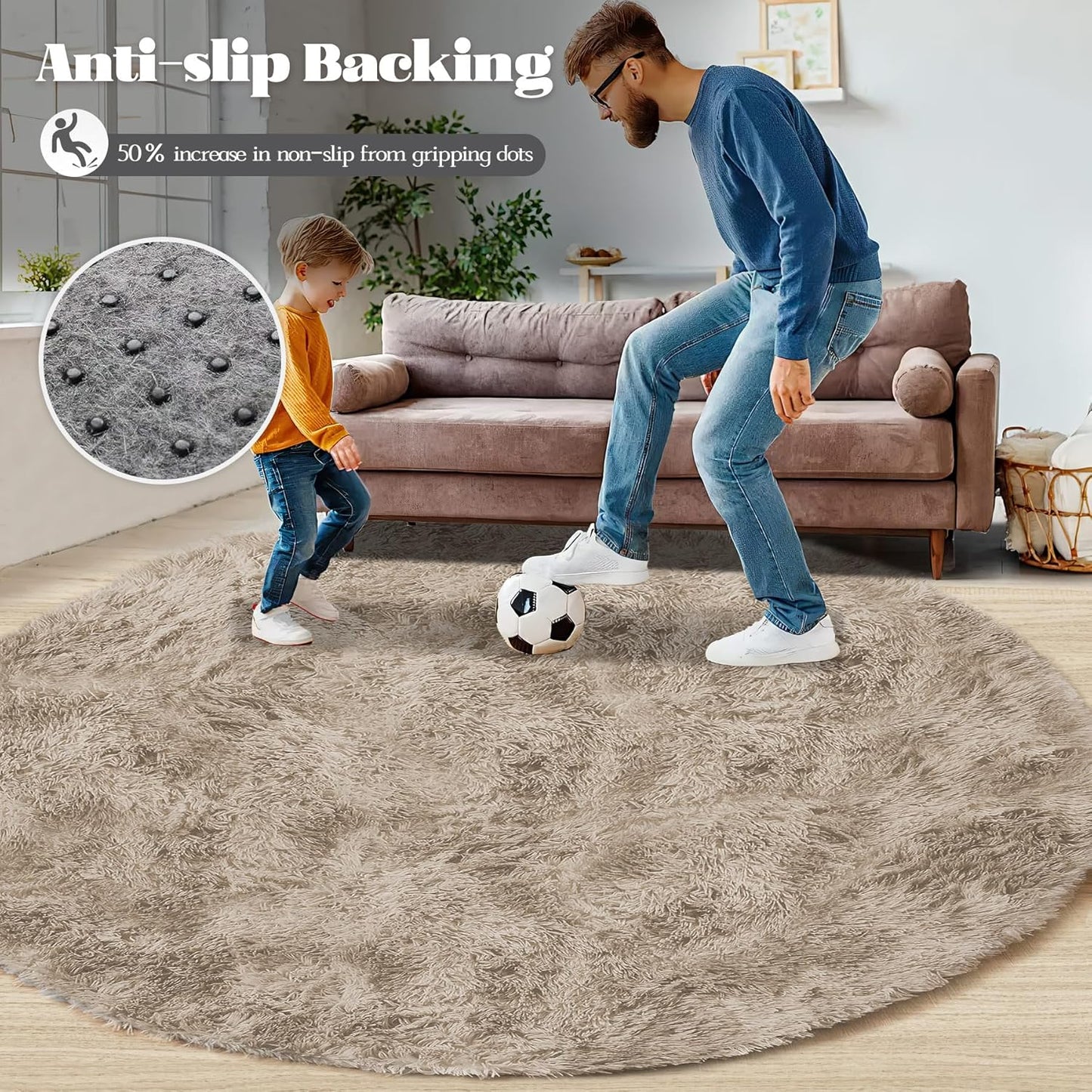 4FT Round Rug for Bedroom: Fluffy Shag Soft Washable Rugs Circle Small Fuzzy Plush Indoor Carpet for Living Room Nursery Playroom Dorm Kids Girls Boys Room (Camel, 4'x4')