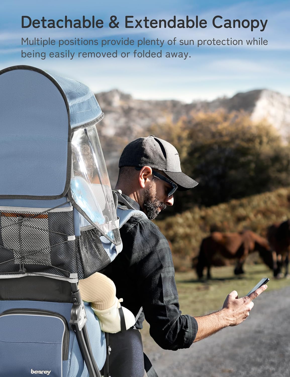 besrey Baby Backpack Carrier, Toddler Hiking Backpack with Safety 3-Height Seat, Adjustable Straps&Waist Belt, Foldable Frame Lightweight Large Capacity Child Carrier for Hiking (Haze Blue)