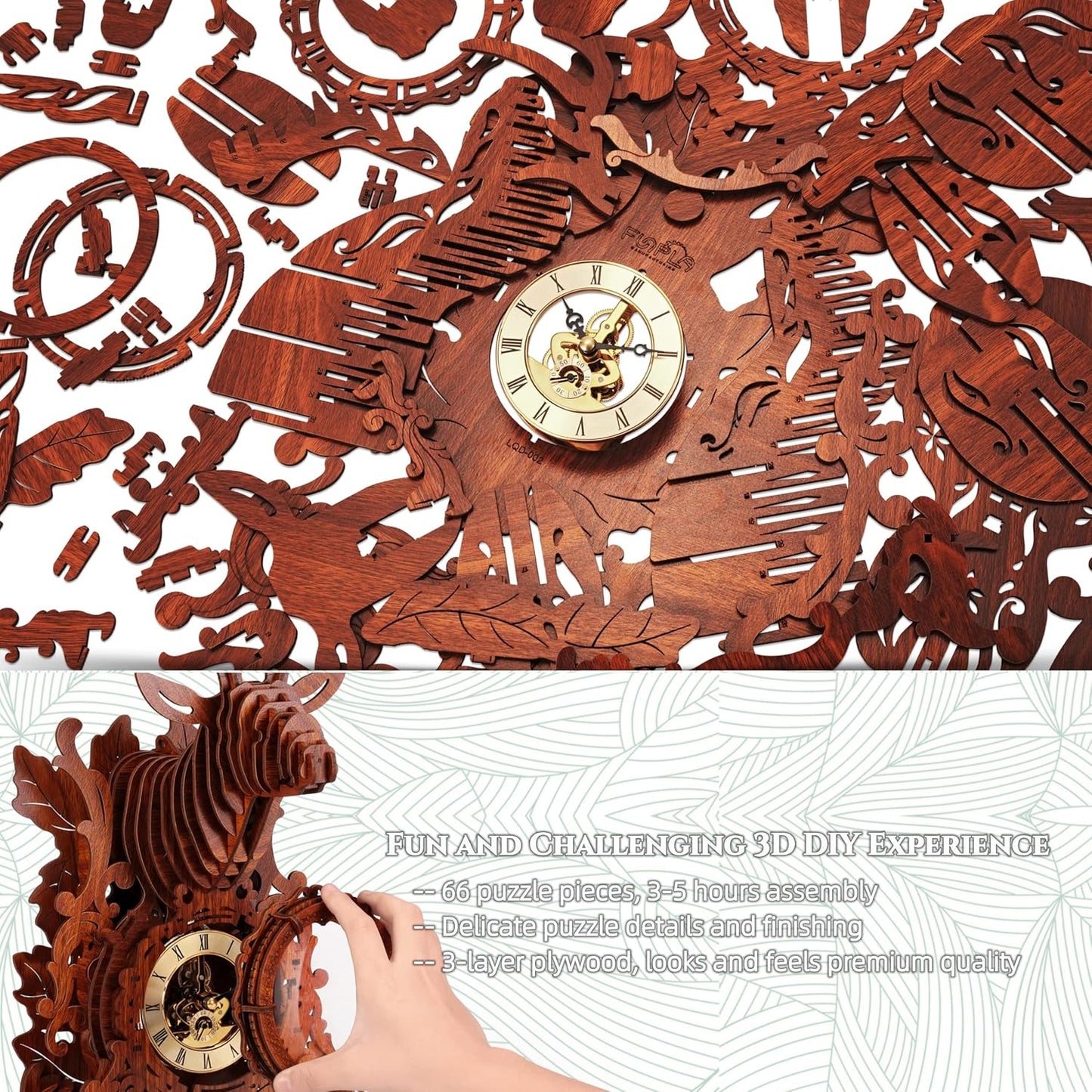 LED 3D Wood Puzzle Deer Clock, 3D Wooden Puzzle Elk Clock Building Model, Home Décor 3D Wooden Puzzle for Adults/Teens Christmas Gift(Wood, Yellow Light)