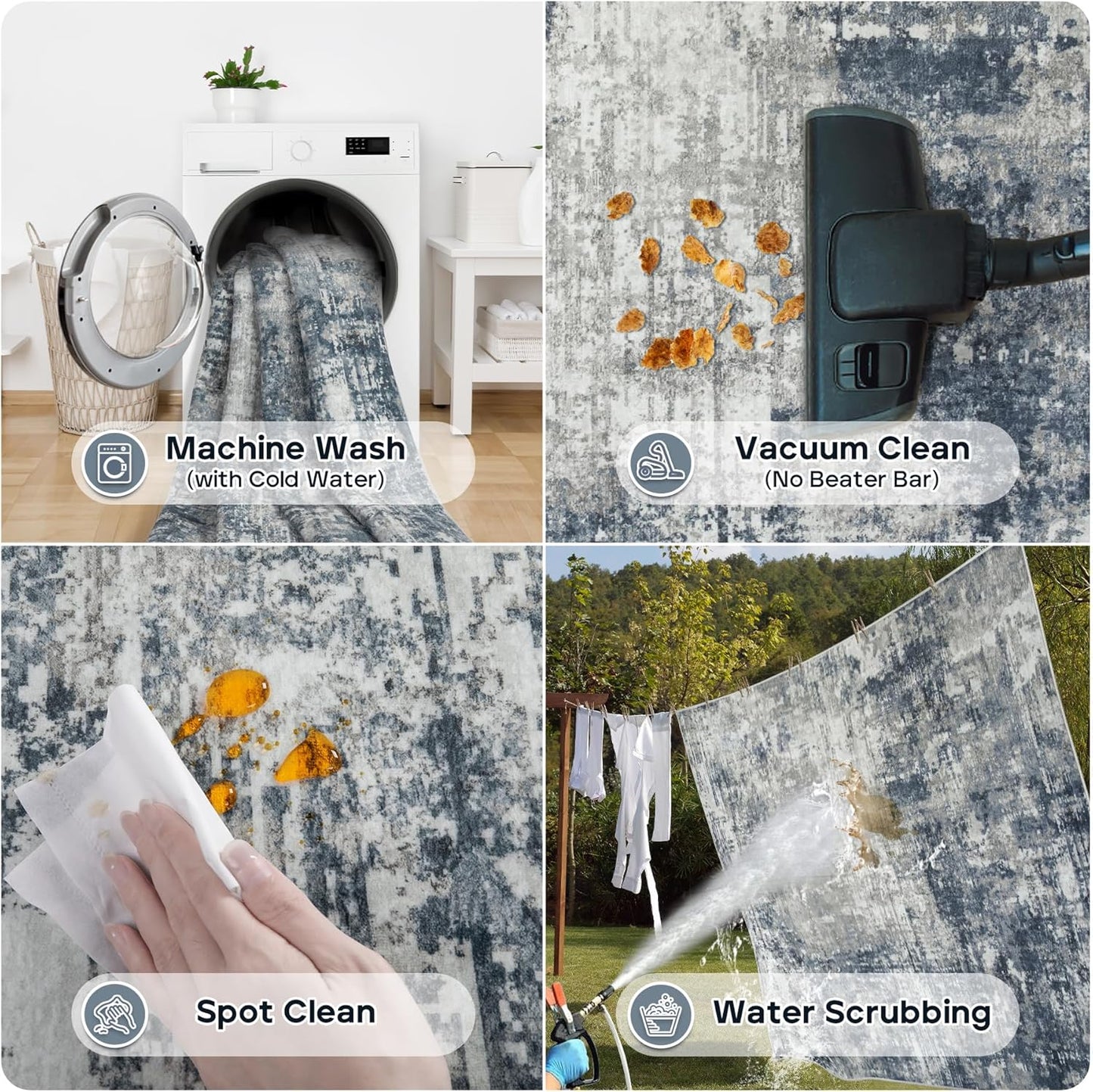 Runner Rug for Hallways Kitchen 2'6"x8' Washable, Non Slip Carpet 8ft Area Rugs Entryway Rubber Backed 8 Feet Neutral Abstract Modern Low Pile Indoor Blue Grey