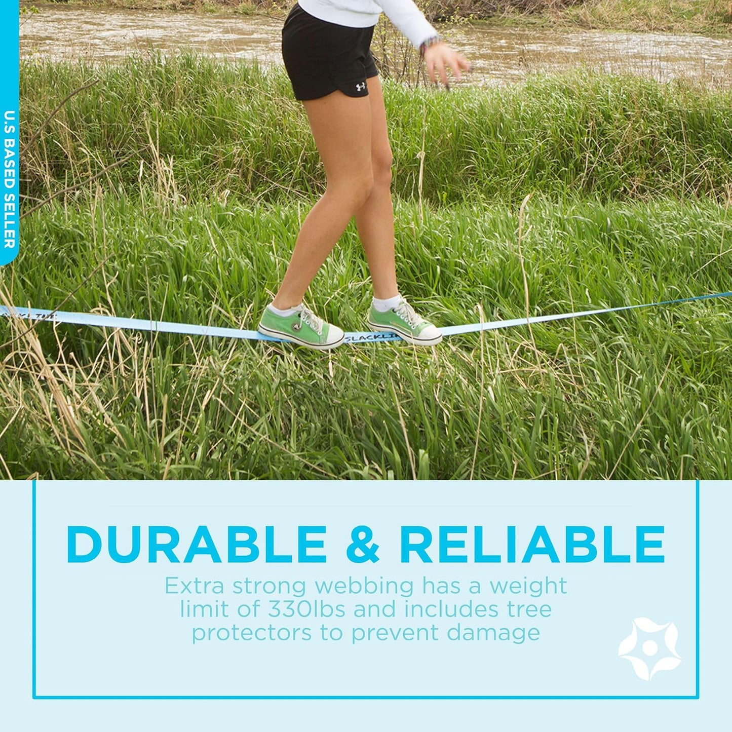 Get Out! Slackline Beginner Kit for Kids and Adults – Classic Slackline with Training Line Complete Kit Bright Blue