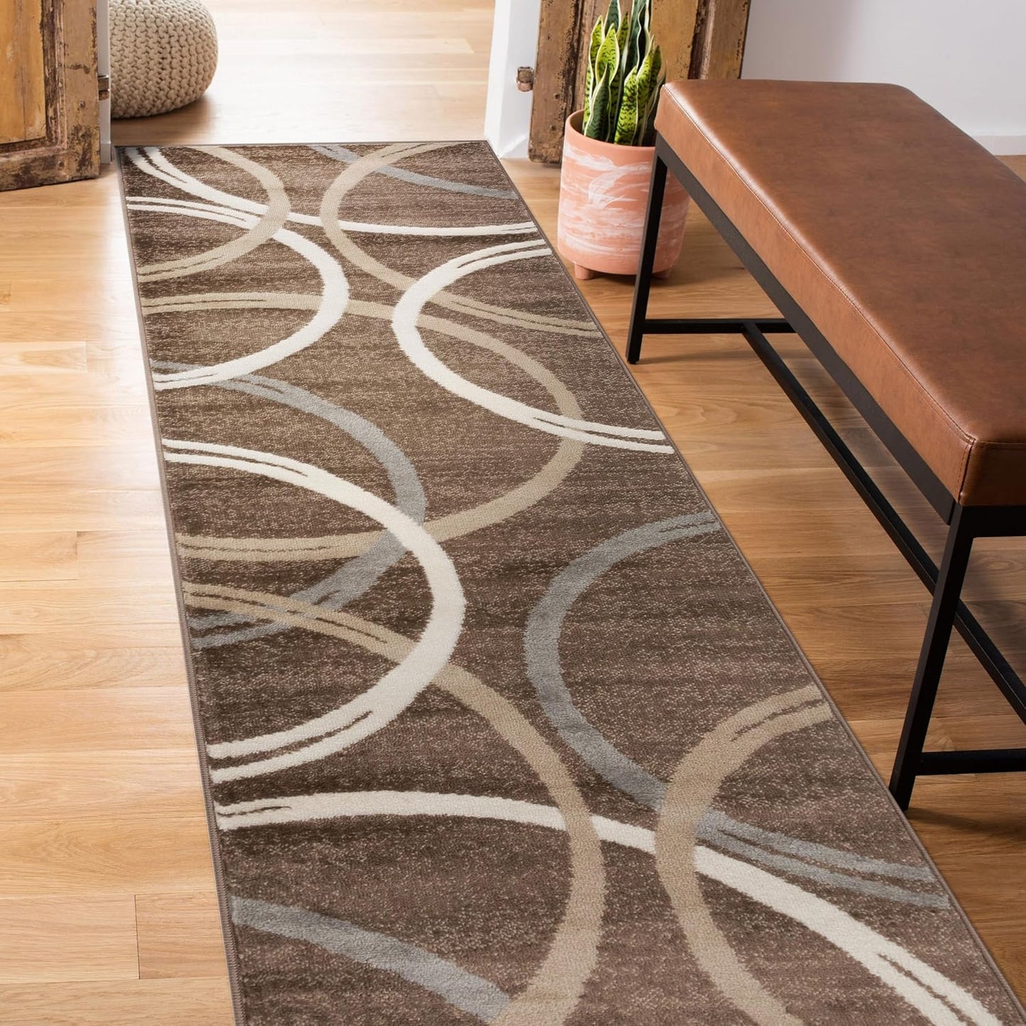 Rugshop Modern Wavy Circles Design Runner Rug 2'7" x 8' Brown