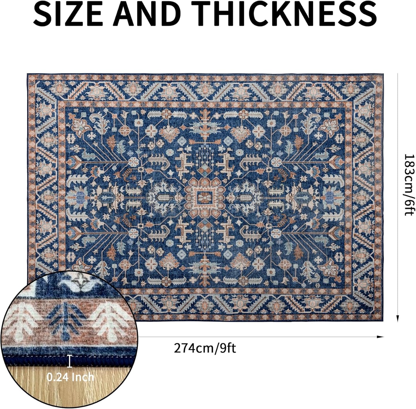 6x9 Area Rugs Washable: Oriental Soft Area Rug for Living Room Bedroom No Shedding - Low Pile Thin Carpet Rug for Dining Room Non Slip - Boho Vintage Rug for Home Decor - Navy Blue