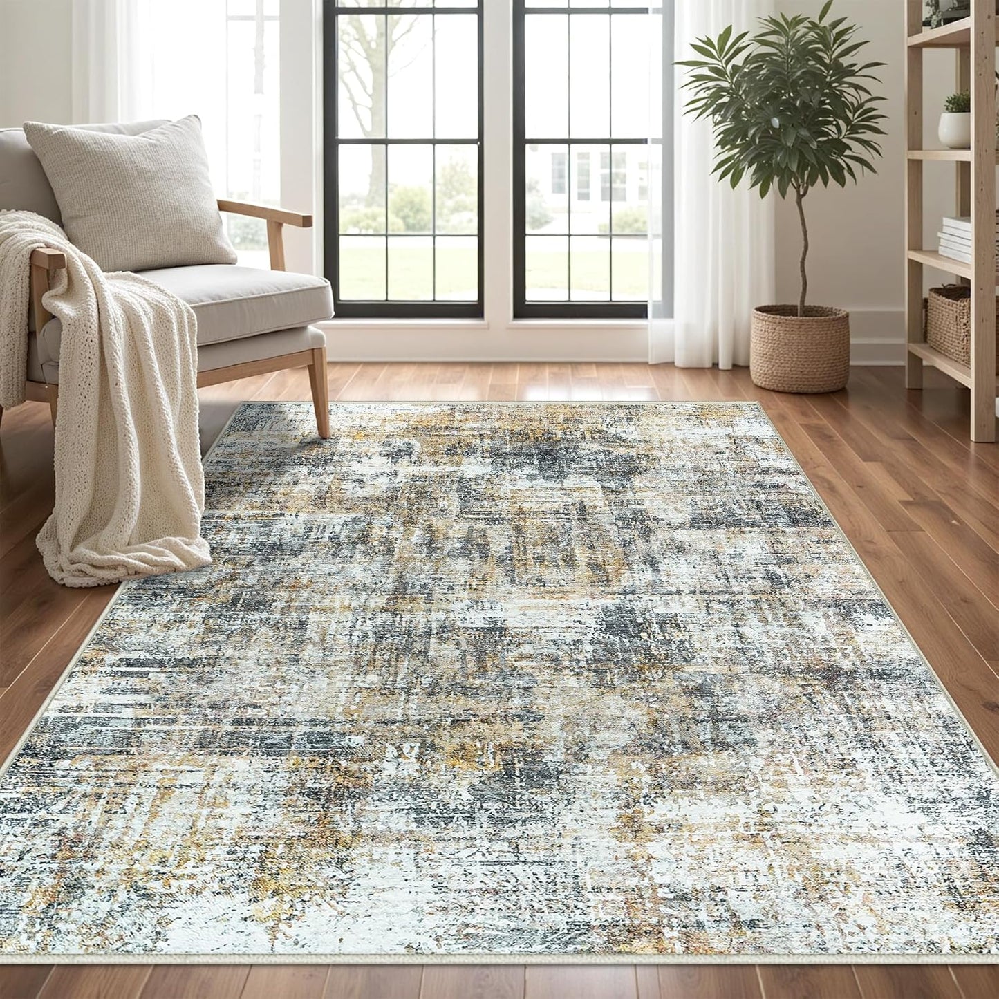 Washable Rug 6x9 Area Rugs: Abstract Washable Rugs with Non-Slip Backing, Stain Resistant Indoor Floor Carpet for Bedroom Dining Room Table Nursery Hallway Home Office Brown/Gray