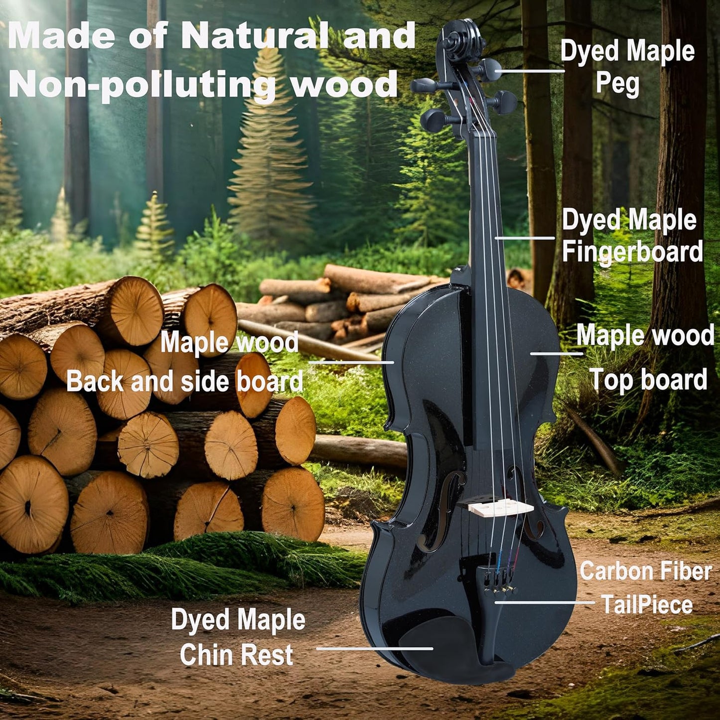 4/4 Full Size Fiddle Black Colored Premium Violin Outfit for Beginners Adults Kids With 5 Color Fingering Tape- Handcrafted Student Beginner Violin. (Black, 4/4 Full)