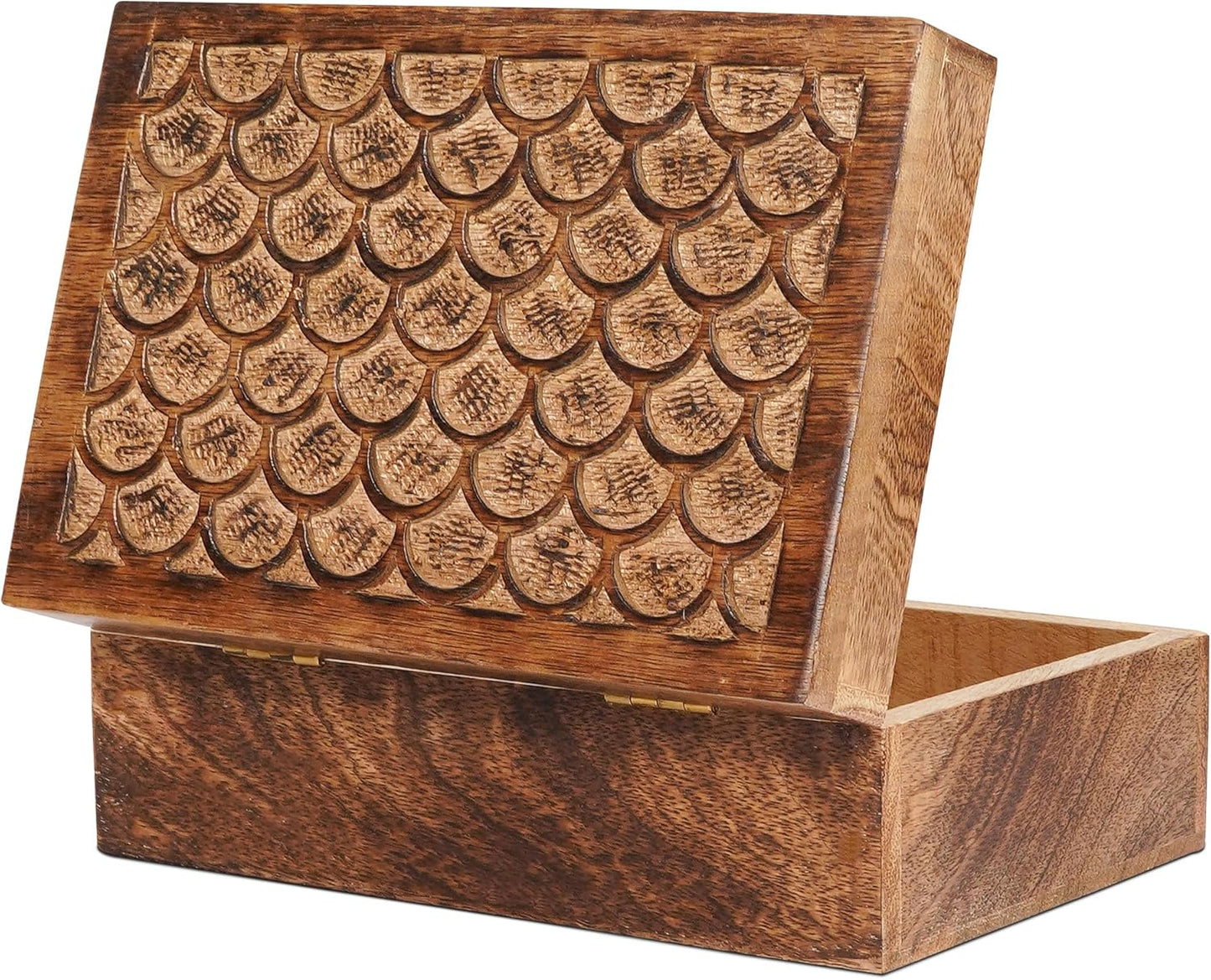 Carved Scallop Mango Wood Box with Lid - Medium Burnt Large Wooden Box - Handmade Decorative Box with Lid for Use As Memory Box, Keepsake Box, Photo Storage Box, and more - 9” x 6” x 3.5”