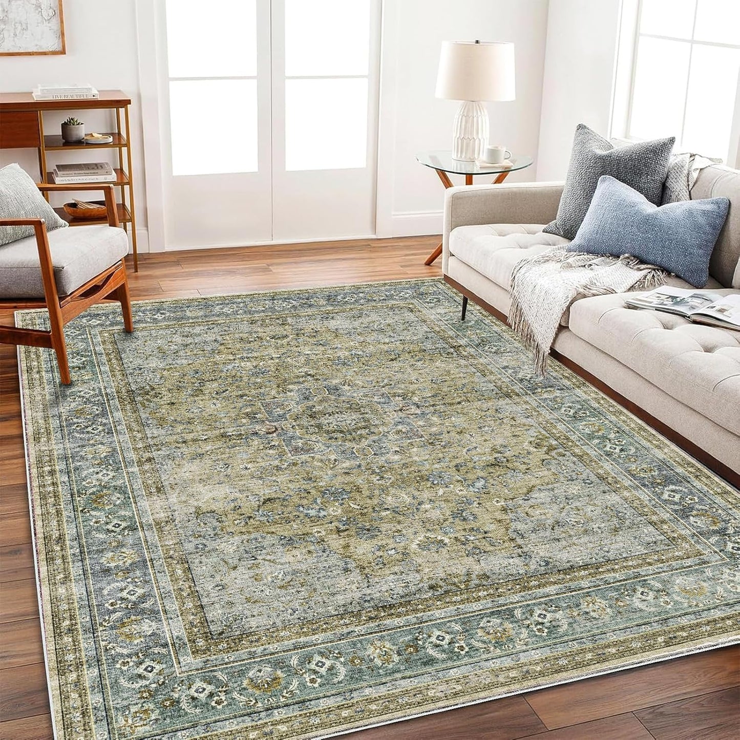 Area Rug 6'x9' Washable Vintage Traditional Floor Cover Thin Retro Kitchen Indoor Distressed Non Slip Carpet for Living Room Bedroom Dining Room