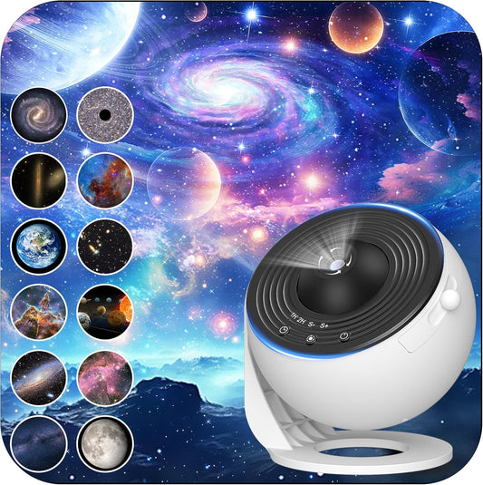 Galaxy Projector for Bedroom, HD Image Star Projector Galaxy Light Adjustable Knob, 13 Film Discs Planetarium Projector for Kids, 360° Rotating 1/2h Timer Simple 3-Button Control