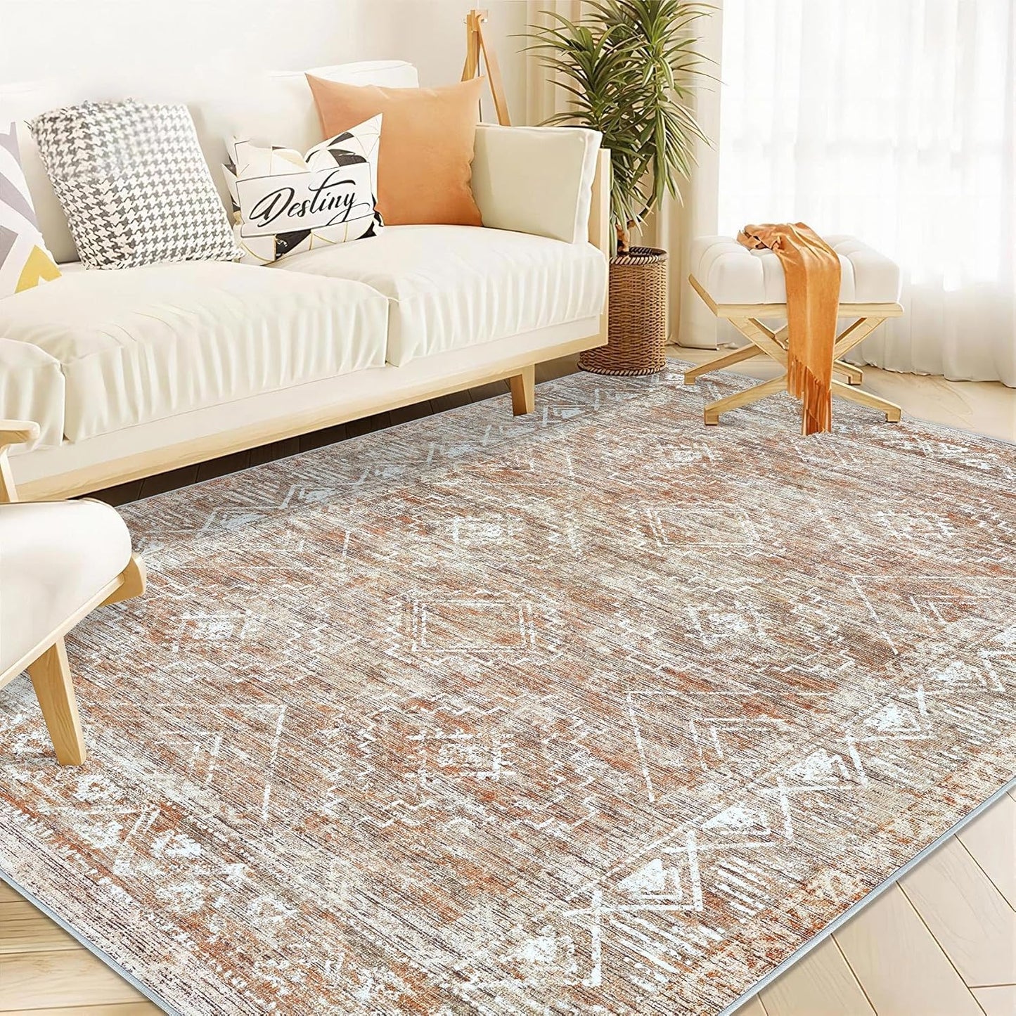 Moroccan Large Area Rug 6x9 - Soft Machine Washable Geometric Boho Distressed Farmhouse Rug Morden Stain Resistant Indoor Floor Carpet for Bedroom Dining Table Nursery Home Office (6 x 9, Brown)