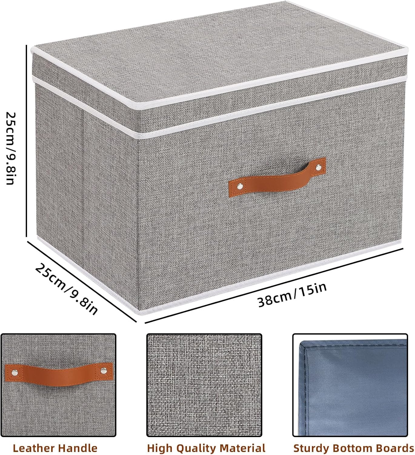 Collapsible Storage Bins with Lids, 1 Pack Linen Foldable Cloth Baskets, 15 x 9.8 x 9.8 Inch Closet Organizer Containers with Double Handles, Sweater Boxes for Bedroom, Grey