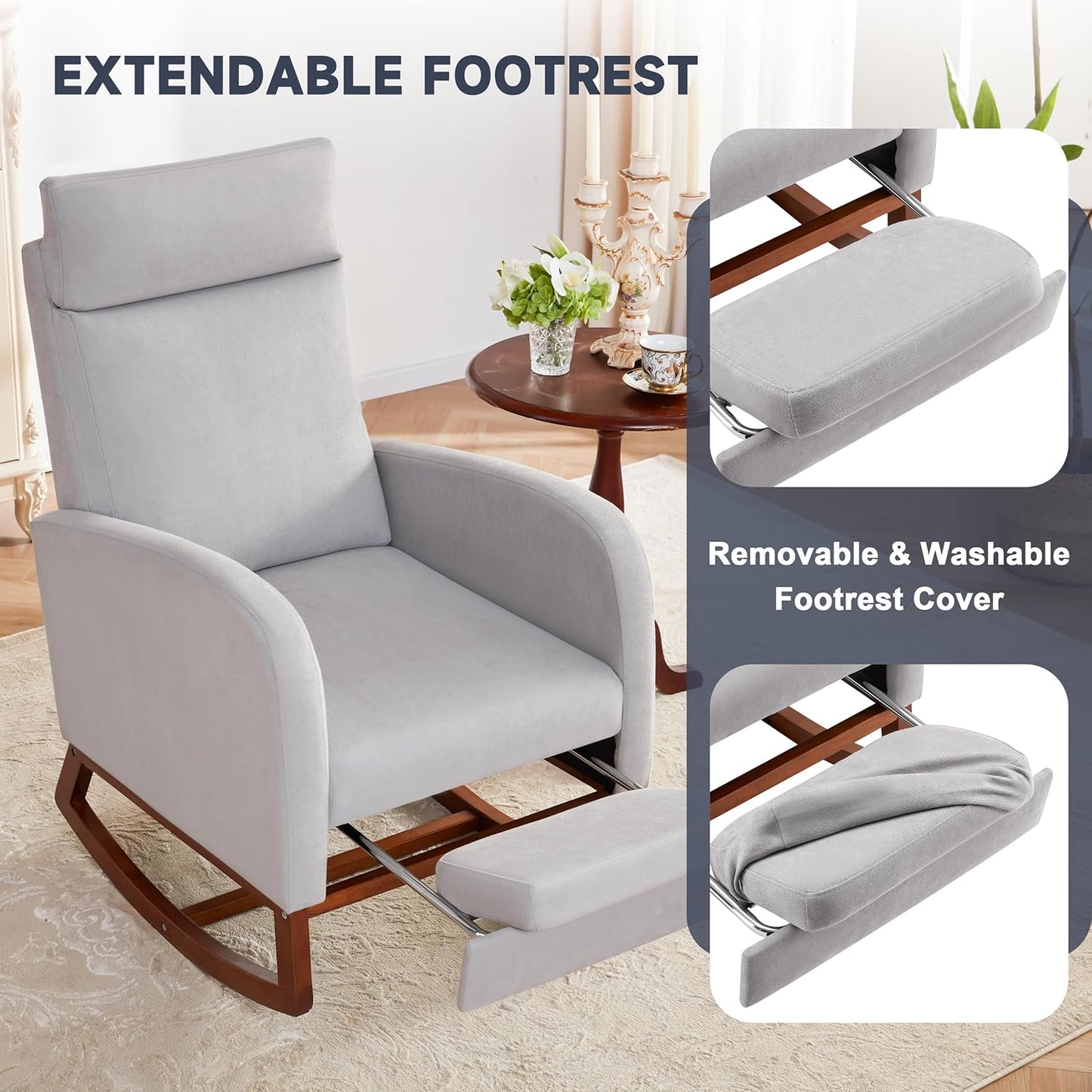 Nursery Rocking Chairs with High Back, Rocking Chair Nursery Chair with Foot Rest, Baby Nursery Glider Rocker, Nursing Chair, Glider Rocking Chair Accent Living Room (Linen Grey)