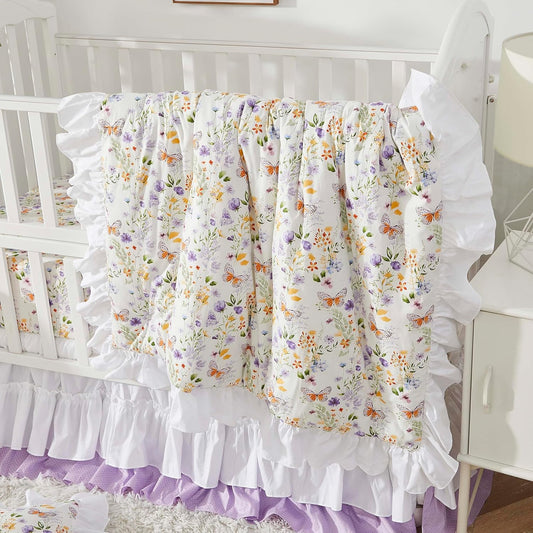 Brandream Wildflower Butterfly Crib Bedding Sets for Girls Nursery Set 3-Piece Farmhouse Quilt Comforter Set, Baby or Toddler Fitted Sheet, Double Crib Skirt, Cotton