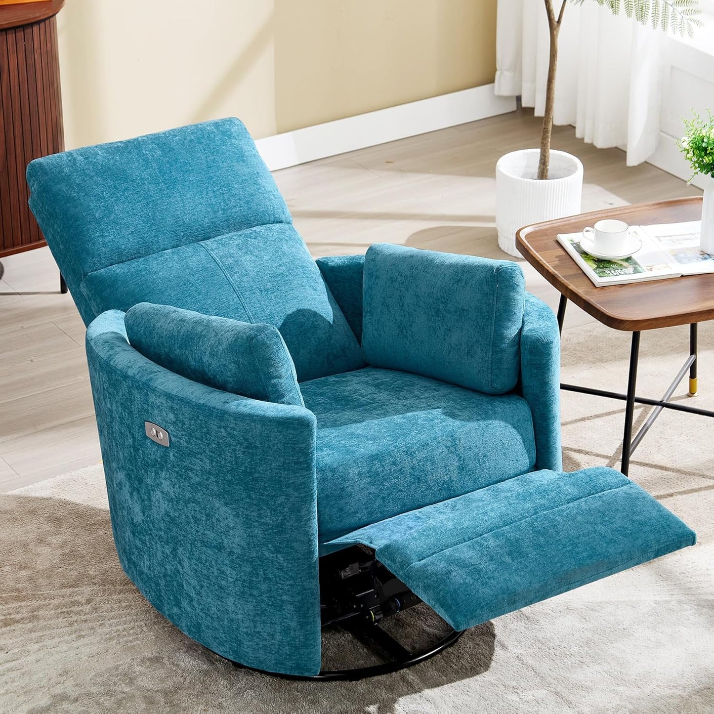 Power Swivel Glider Rocking Recliner, Electric Rocking Chair with USB Port for Living Room Bedroom Upholstered Nursery Chair Adult Rocking Chair with 2 Pillows (Blue, Power-Driven)
