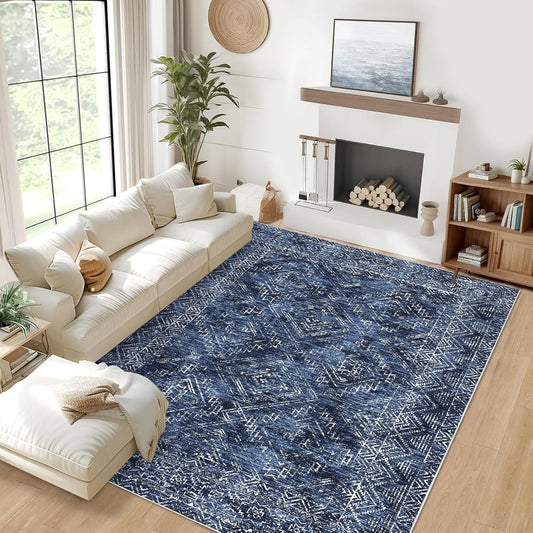 COZYLOOM Bedroom Rug 8x10 Under Bed Machine Washable Area Rugs Modern Abstract Floor Cover with Non Slip Backing Stain-Resistant Geometric Carpet for Nursery, Living Room, Blue