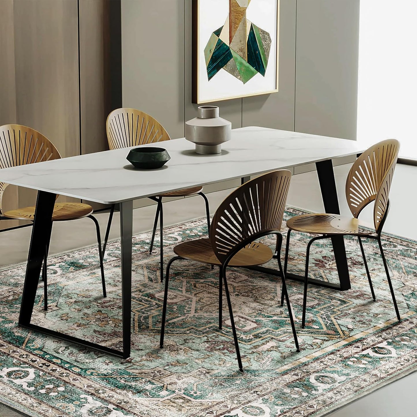 Area Rug 8'x10' Green Washable Vintage Traditional Mat Distressed Indoor Foldable Thin Retro Accent Floral Print Non Slip Carpet for Living Room Dining Room Office