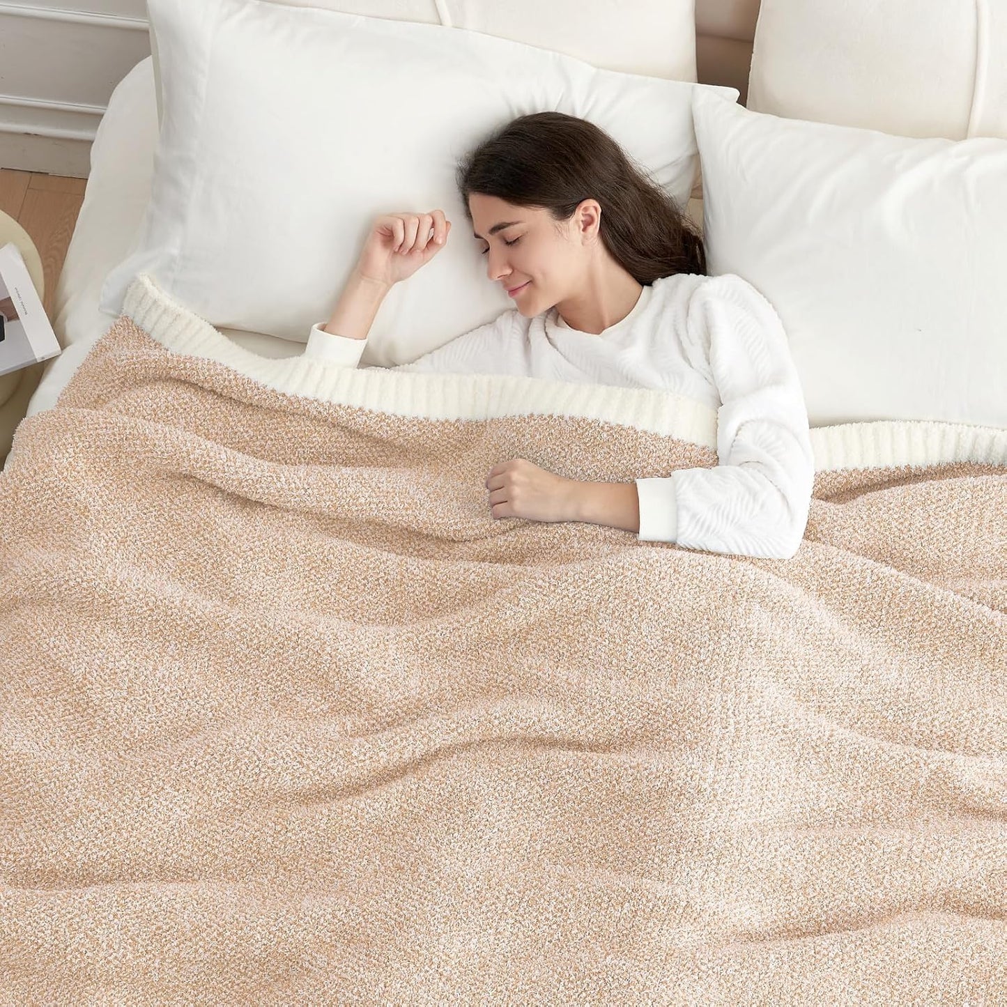 Snuggle Sac Queen Size Bedding Blankets, Super Soft Warm Oversized Bed Blankets Cozy Knit Fuzzy Blankets for Bed, Heather Beige, 90x90 inches