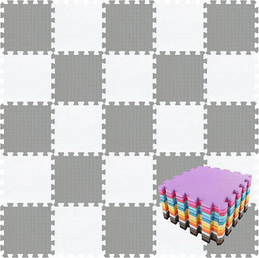 qqpp EVA Rubber 18 Tiles Interlocking Puzzle Foam Floor Mats - Baby Play Mat for Playing | Exercise Mat for Home Workout. White, Gray. QC-ALb18N