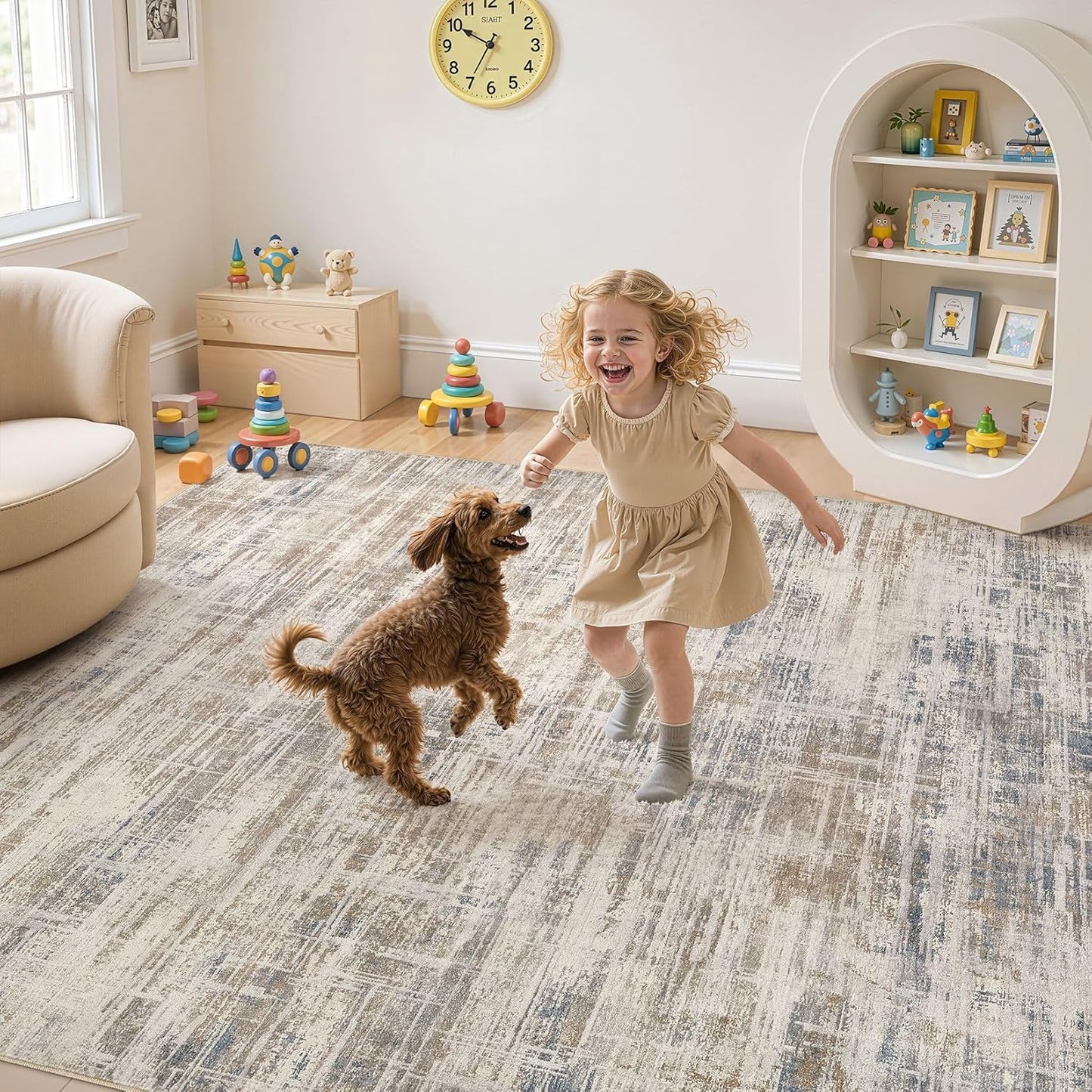 Area Rug for Living Room: 10x14 Washable Neutral Abstract Modern Soft Rugs Non Slip Indoor Floor Stain Resistant Large Carpet for Bedroom Dining Room Office Nursery - Brown